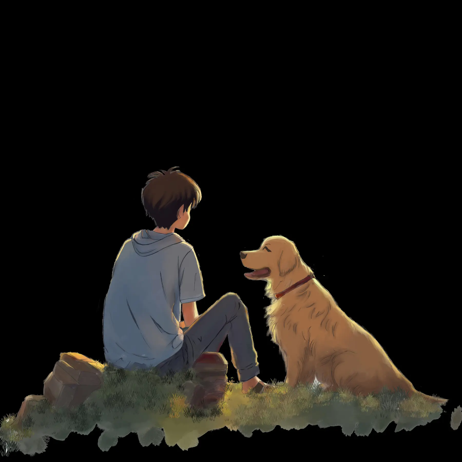 Boy sitting with a golden retriever in dramatic shadow
